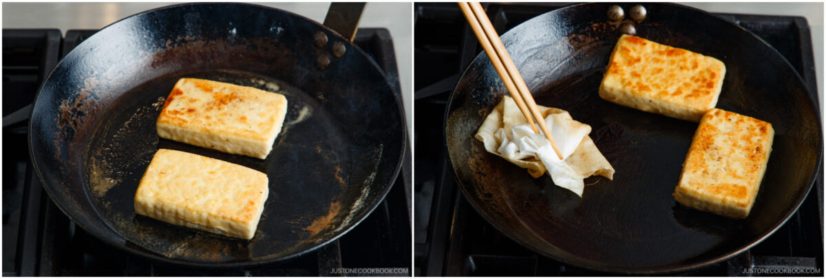 Two images: On the left, two golden-brown tofu blocks are frying in a black skillet. On the right, three tofu blocks are in the skillet while a hand uses chopsticks to wipe the pan with a cloth.