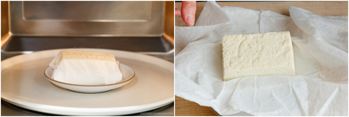 A block of tofu on a plate lined with paper towels in a microwave (left), and the same tofu block wrapped in paper towels being pressed (right).