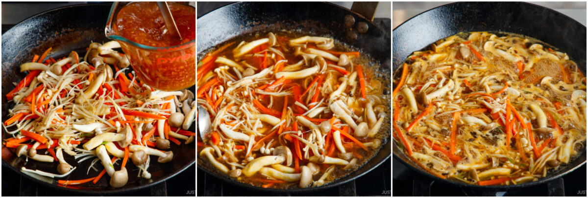 Three images show a pan with mushrooms, carrots, and bean sprouts; sauce being poured in the first, simmering in the second, and fully cooked in a rich broth in the third.