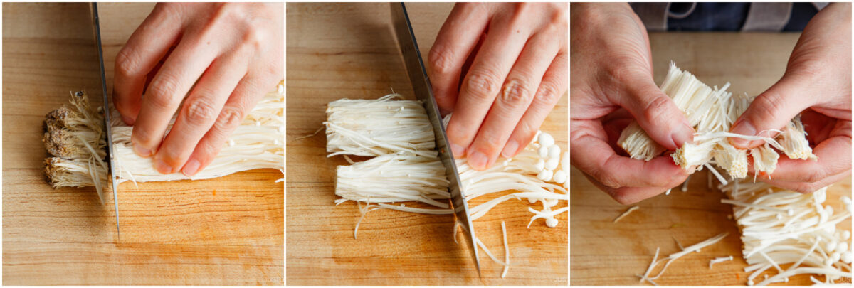 Three side-by-side images show hands trimming, slicing, and separating enoki mushrooms on a wooden cutting board.