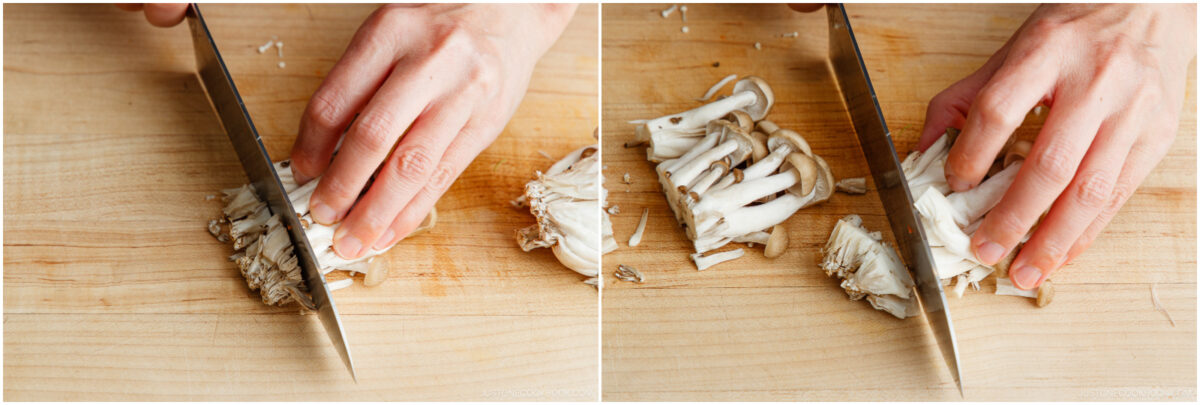 Two close-up images show a persons hands using a knife to slice a cluster of white mushrooms on a wooden cutting board. The mushrooms are being cut into smaller pieces.