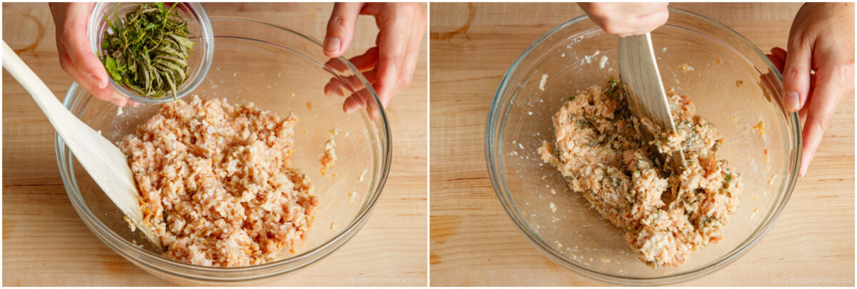 Two-step process of making a mixture in a glass bowl: on the left, herbs are being added to a minced meat mixture; on the right, the mixture is being stirred with a spatula. Both images show hands and a wooden table.