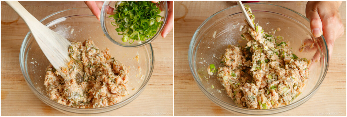 Two side-by-side photos show hands mixing chopped green onions into a bowl of seasoned ground meat with a wooden spatula on a wooden surface. The mixture becomes evenly combined in the second image.