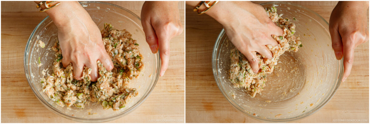 Two side-by-side photos show hands mixing a mixture of chopped vegetables and other ingredients in a clear glass bowl on a wooden surface. The hands are kneading and combining the mixture thoroughly.