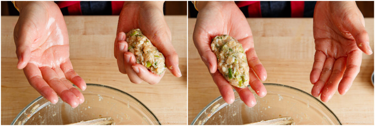 Two hands shaping a mixture with vegetables into an oval patty over a glass bowl on a wooden surface. The left image shows the hand with some flour, and the right image shows the mixture formed into shape.