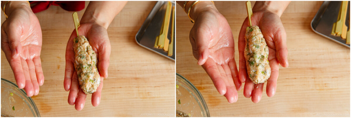 Two images show hands shaping a seasoned ground meat mixture around a skewer, preparing kebabs on a wooden surface. A tray with more skewers and a bowl are visible nearby.