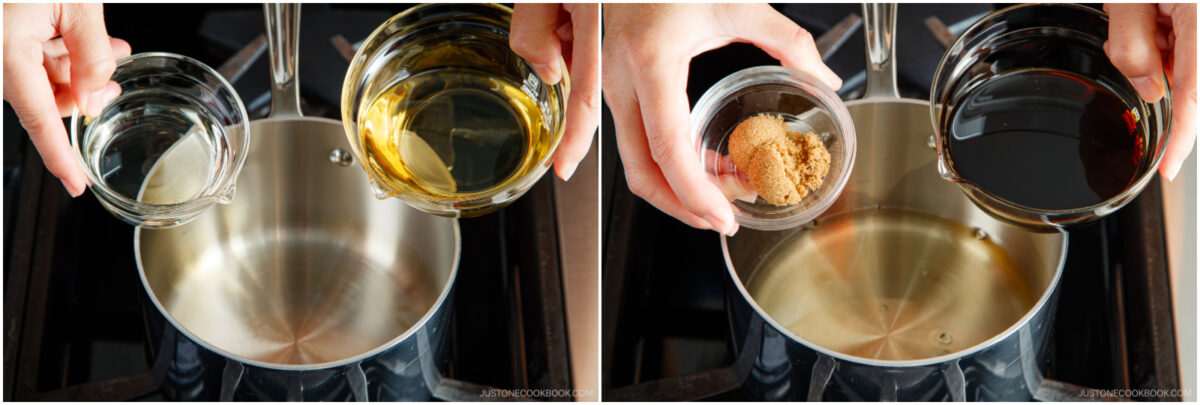 Two-panel image: On the left, hands pour two clear liquids into a saucepan. On the right, the same saucepan is shown as brown sugar and a dark liquid are about to be added. The pan is on a stovetop.