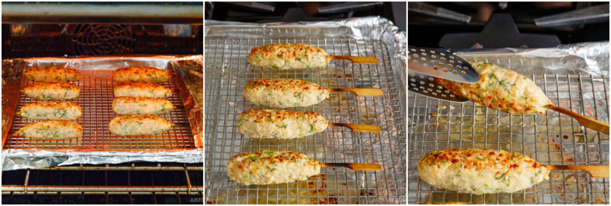 Three-panel image: Left, several breaded food items on sticks baking in an oven; center, four golden-brown items on a cooling rack over foil; right, tongs lifting one item from the rack, showing its cooked surface.