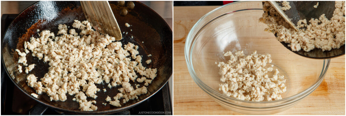 Ground chicken cooking in a skillet on the left, then being transferred from the skillet into a clear glass mixing bowl on the right.