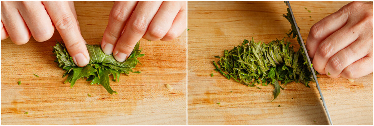 Two-panel image: Left shows hands rolling green shiso leaves tightly on a wooden cutting board. Right shows hands slicing the rolled leaves into thin strips with a knife on the same board.