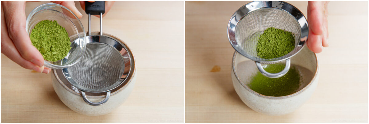 A person pours green matcha powder through a fine metal sieve over a bowl in two steps: first over an empty bowl, then over a bowl containing water.