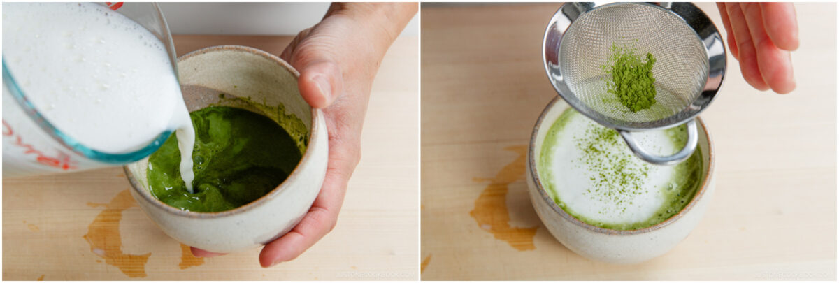 Side-by-side images showing a hand pouring steamed milk into a bowl of green matcha on the left, and on the right, matcha powder being sifted over frothy milk in the same bowl.