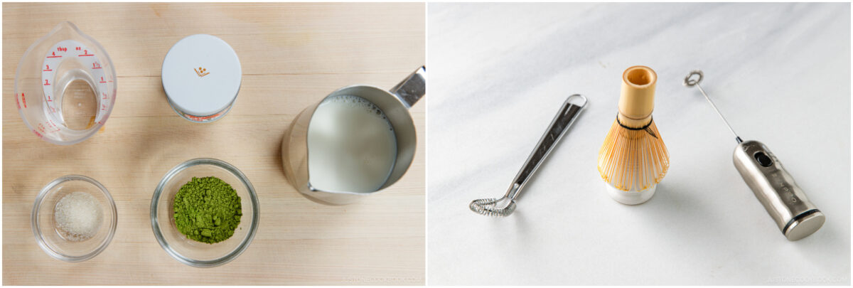 Four matcha latte ingredients—water, matcha powder, milk, and sugar—are shown in containers on the left. On the right, three matcha frothing tools are displayed: a whisk, a bamboo whisk, and an electric frother.