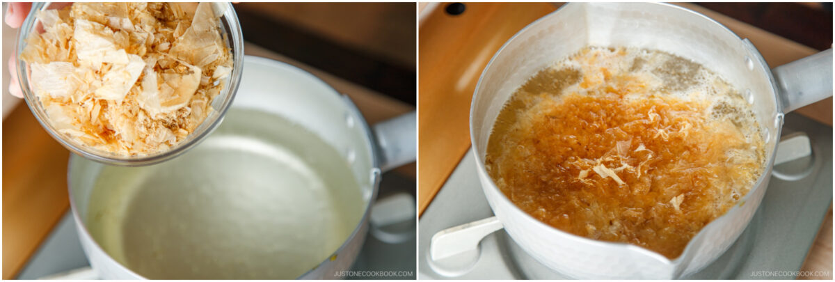 A hand pours dried bonito flakes into a pot of simmering water, then the flakes are shown steeping in the hot liquid.