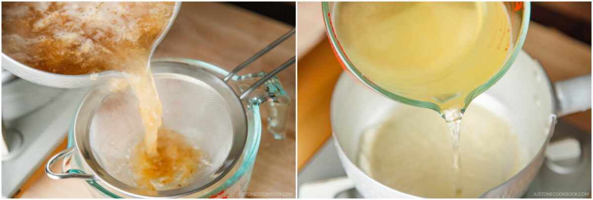 Two images: On the left, brown broth is poured through a fine strainer into a measuring cup. On the right, clear yellow broth is poured from a measuring cup into a pot.