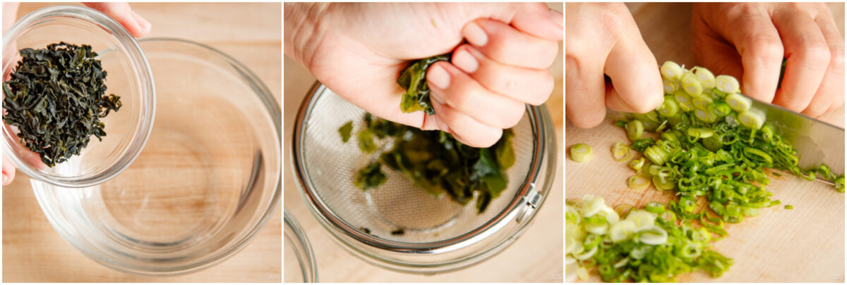 Three-step cooking process: soaking dried seaweed in water, squeezing soaked seaweed with a hand over a strainer, and finely chopping green onions with a knife on a cutting board.