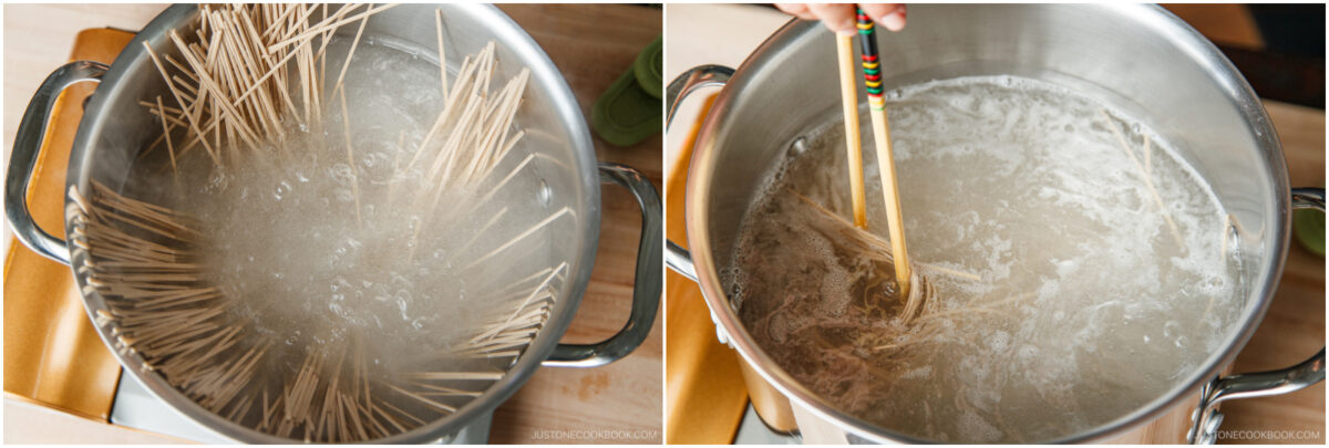 Side-by-side images: Left, dry noodles are placed in a pot of boiling water; right, noodles are being stirred in the boiling water with chopsticks.