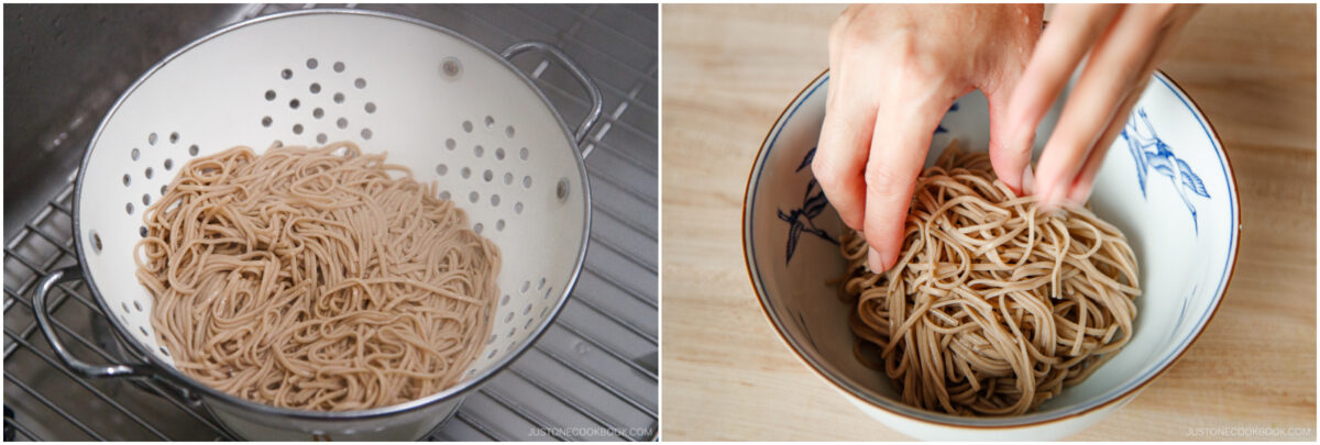 Left: Cooked soba noodles draining in a white colander. Right: A hand mixing or separating soba noodles in a bowl on a wooden surface.