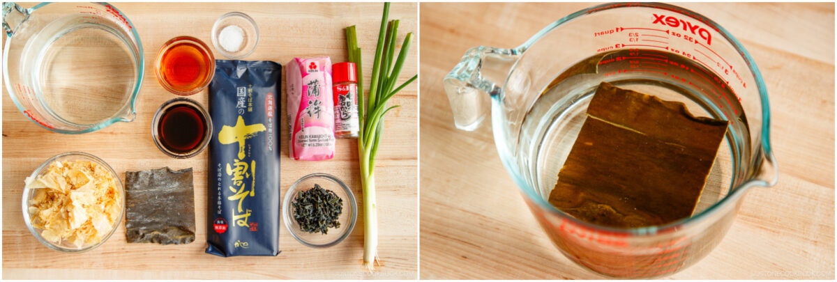 Overhead view of ingredients for a recipe, including water, sauces, dried seaweed, bonito flakes, and measuring cups on a wooden surface. On the right, kombu is soaking in water in a glass measuring cup.