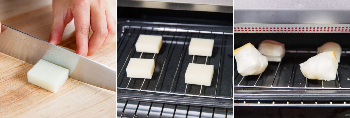 Three-panel image: Left, a hand slices a white rectangular block with a knife on a wooden board; center, four white blocks are placed on a wire rack in an oven; right, the blocks are puffed and browned inside the oven.