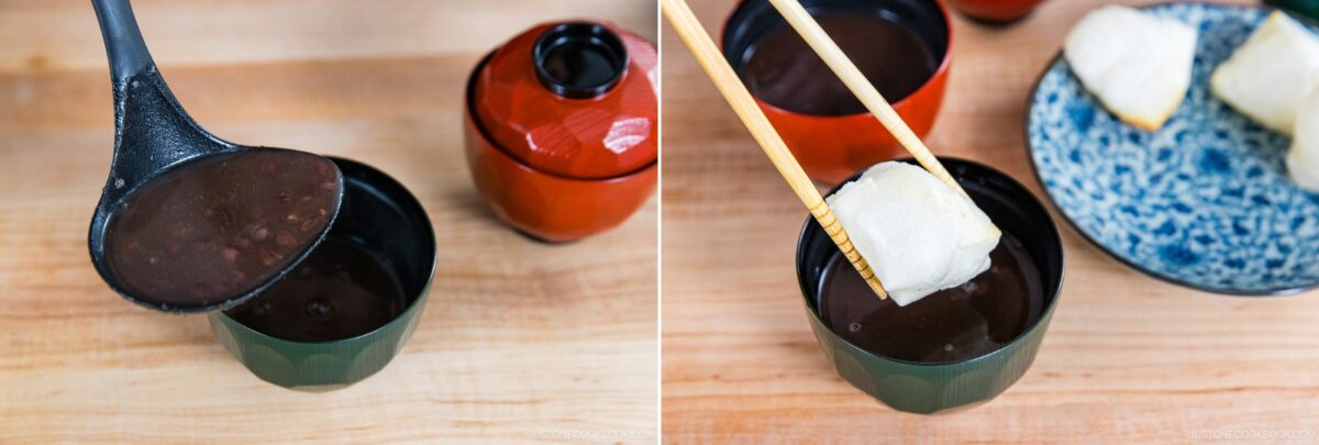 Split image: Left, a ladle pours sweet red bean soup into a black bowl; a red lacquer bowl is nearby. Right, chopsticks hold a piece of toasted mochi above the soup, with more mochi pieces on a blue plate.