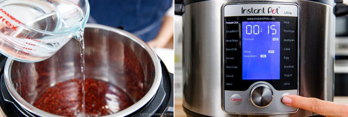 A person pours water from a measuring cup into an Instant Pot containing red beans, and then sets the timer to 15 minutes using the control knob on the Instant Pot’s digital display.