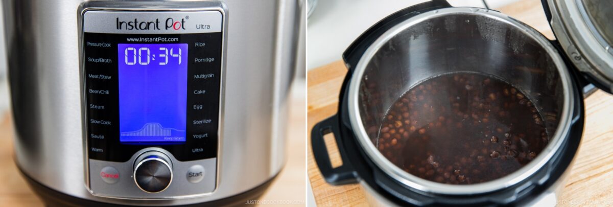 A close-up of an Instant Pot with a digital display showing 34 minutes on the timer, next to an open Instant Pot containing cooked beans.