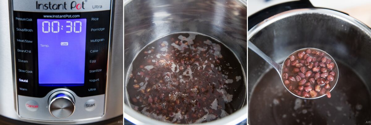 A collage shows an Instant Pot set to 30 minutes, beans cooking inside the pot, and a ladle lifting cooked beans from the hot liquid.