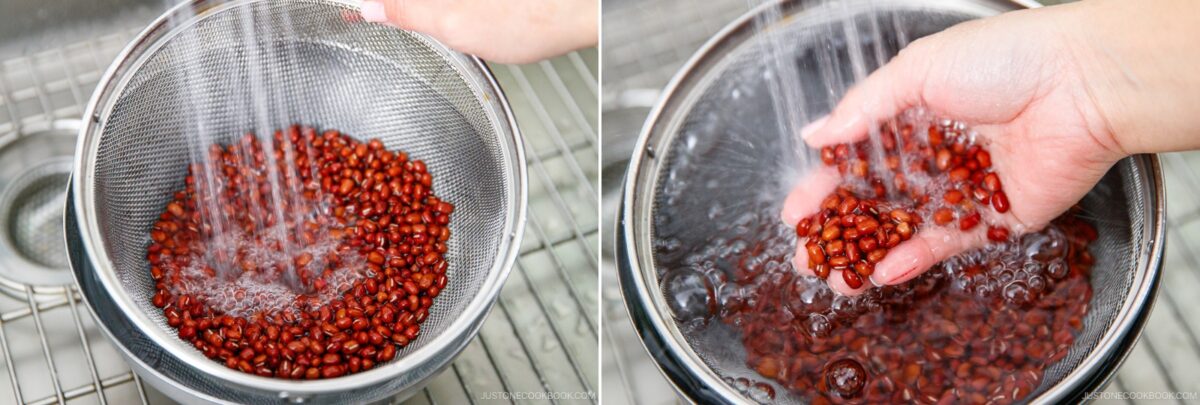 Two photos show red beans being rinsed under running water: on the left, beans are in a strainer under a faucet; on the right, a hand holds beans submerged in water in a metal bowl.
