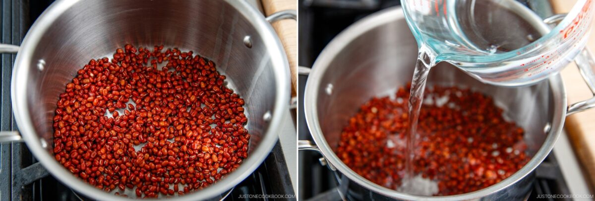 Side-by-side images: left, dry adzuki beans in a stainless steel pot; right, water being poured from a measuring cup into the pot with the beans.