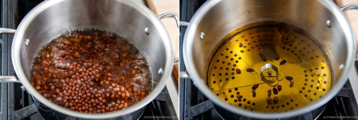 Side-by-side photos: Left, a pot with red beans boiling in water; right, a pot with a metal steamer insert and a few beans in yellowish liquid. Both pots are on a stovetop.