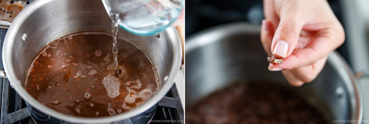 A pot of beans simmering on a stove with water being poured in, and a close-up of a hand pinching a cooked bean to check for doneness.