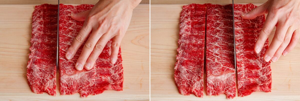Two side-by-side images show a hand holding marbled raw beef for Beef and Gobo Stir Fry on a wooden surface, slicing the beef into strips with a large knife.