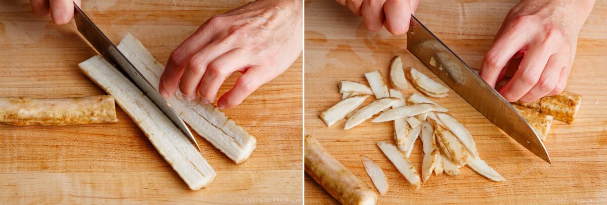 Two side-by-side images show hands slicing burdock root on a wooden cutting board—one with lengthwise cuts, the other with thin diagonal slices—preparing fresh gobo for a delicious Beef and Gobo Stir Fry.