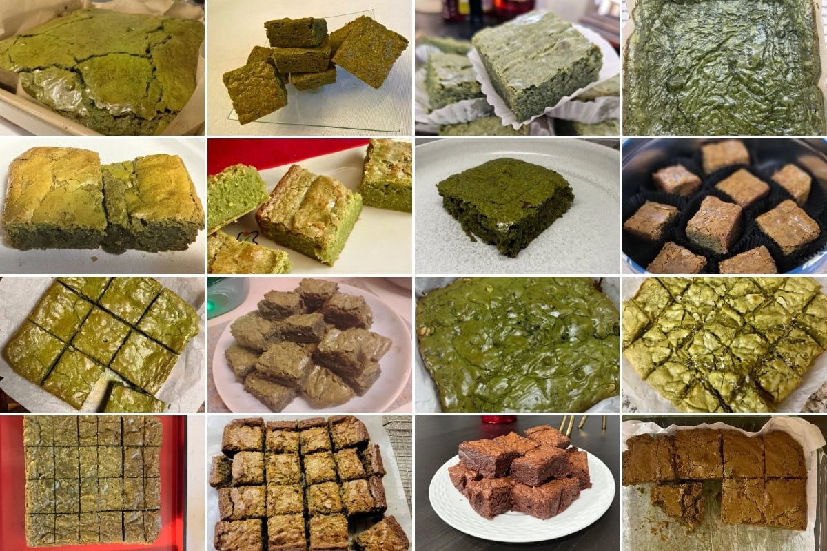 A collage of various greenish-brown matcha brownies, shown whole, cut into squares, or arranged on plates and trays, highlighting different textures and presentations.