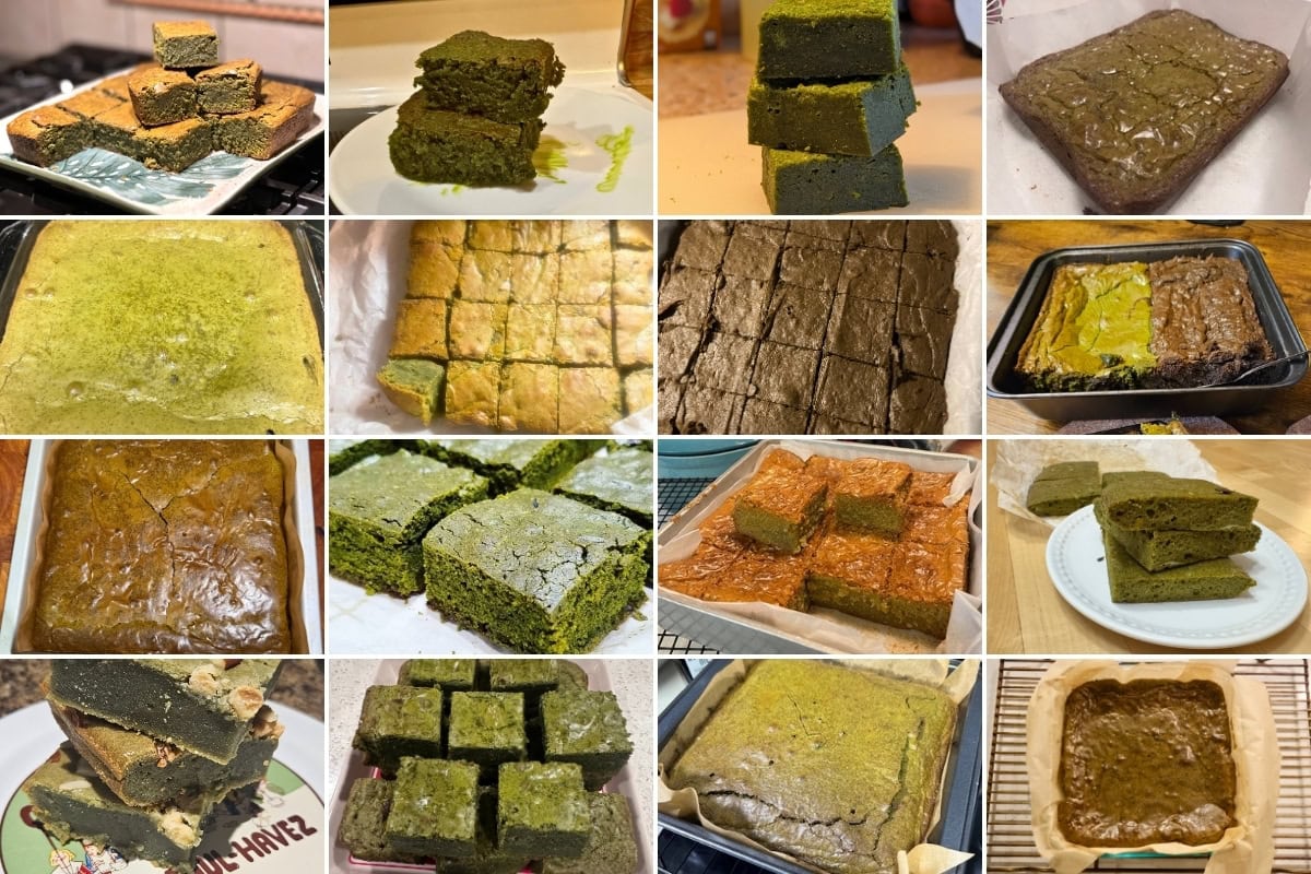 A collage of sixteen photos showing various matcha brownies, cut into squares or rectangles, displayed on plates, trays, or baking parchment, highlighting their green color and moist texture.
