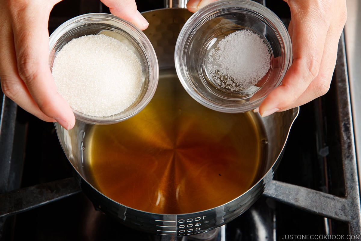 Making the seasonings for Japanese cucumber salad.