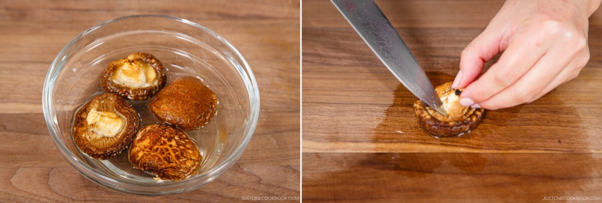 A bowl of shiitake mushrooms soaking in water is on the left; on the right, a hand slices the stem off a soaked shiitake mushroom—an essential step for preparing ingredients for chirashi sushi—on a wooden cutting board with a knife.