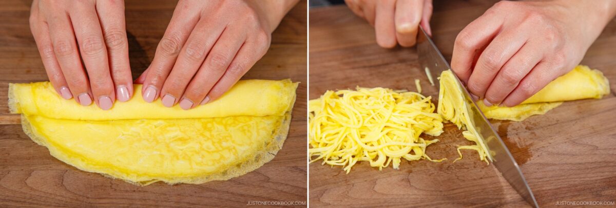 Two-panel image: Left, hands rolling a thin omelette on a wooden board; right, hands slicing the rolled omelette into thin strips—perfect for topping chirashi sushi.