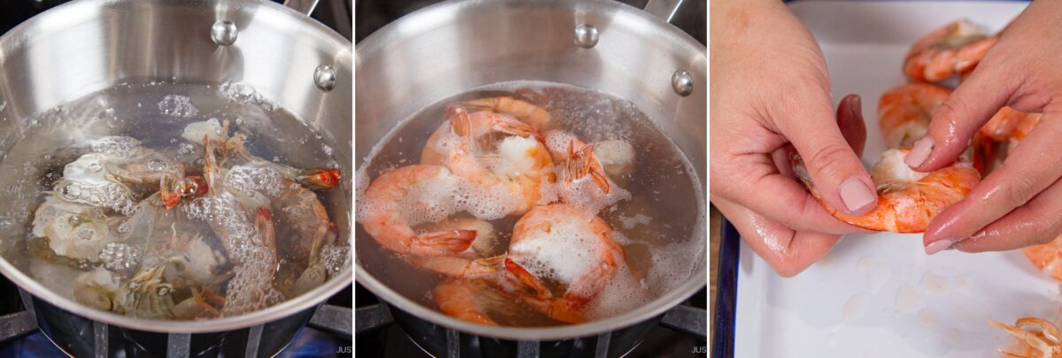 Three-step photo sequence: raw shrimp boiling in a pot, cooked shrimp in hot water, and hands peeling the shell off a shrimp—perfectly prepped for dishes like chirashi sushi—over a white surface.