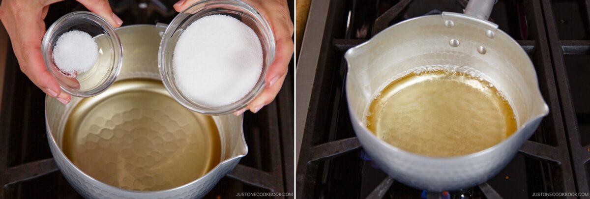 Two images: On the left, hands hold bowls of sugar and salt over a saucepan, preparing ingredients for chirashi sushi. On the right, the saucepan sits on a stove with golden liquid inside, likely melted sugar.
