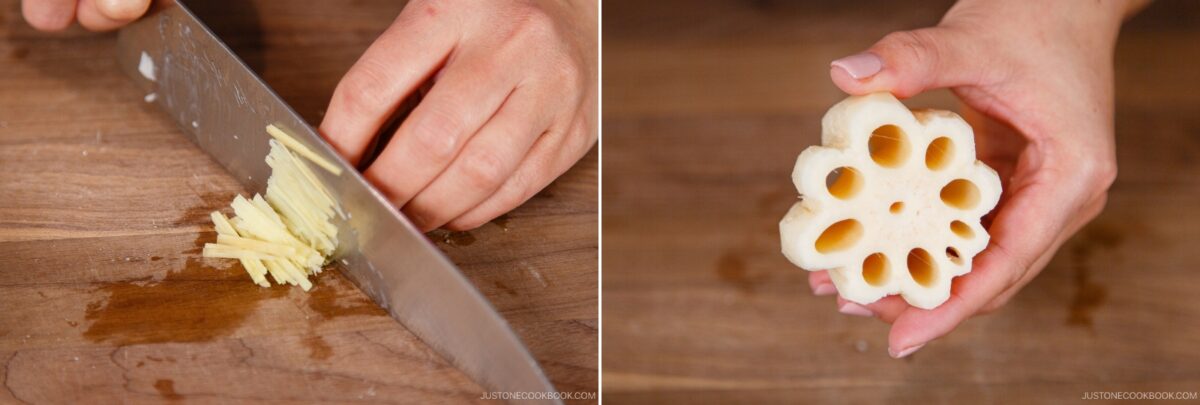 Left: A hand slices ginger into thin strips with a knife on a wooden cutting board—perfect for chirashi sushi. Right: A hand holds a cross-section of lotus root, showcasing its unique pattern of holes.