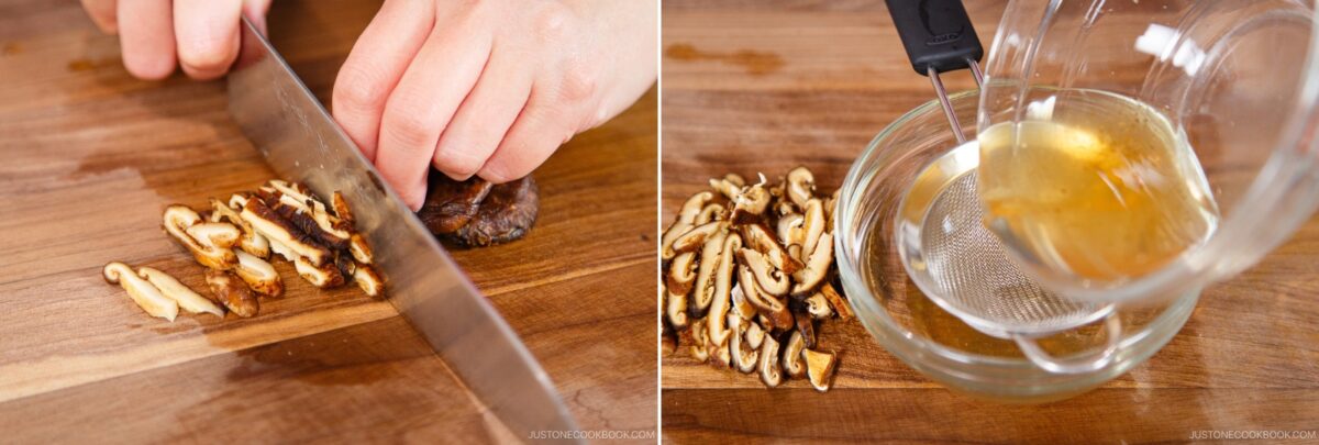A person slices shiitake mushrooms for chirashi sushi on a wooden cutting board. Next, sliced mushrooms are shown in a bowl as liquid is being strained over them into another bowl.