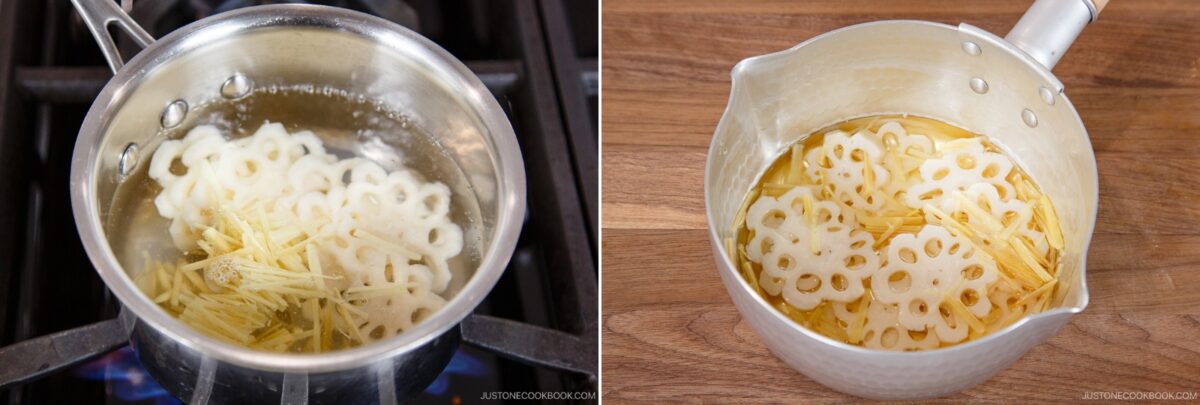 Two images: On the left, a pot of boiling water on a stove with sliced lotus root and julienned ginger—essential toppings for chirashi sushi. On the right, the same ingredients soak in water in a white saucepan on a wooden surface.