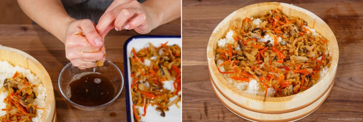 A person squeezes liquid from pickled vegetables over a bowl, while another image shows a bamboo platter of chirashi sushi topped with sliced vegetables, including carrots and mushrooms.