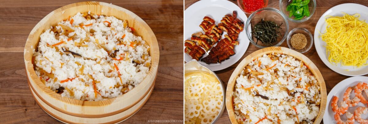 A large wooden bowl of seasoned chirashi sushi rice with vegetables is shown on the left. On the right, the rice is surrounded by assorted toppings like eel, shrimp, omelet strips, vegetables, and seaweed on white plates.