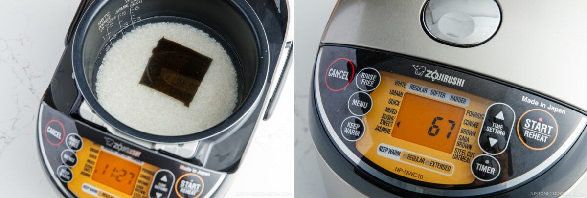 A close-up of a rice cooker with uncooked rice and a piece of dried kelp inside, next to a display showing the cooking time set to 61 minutes.
