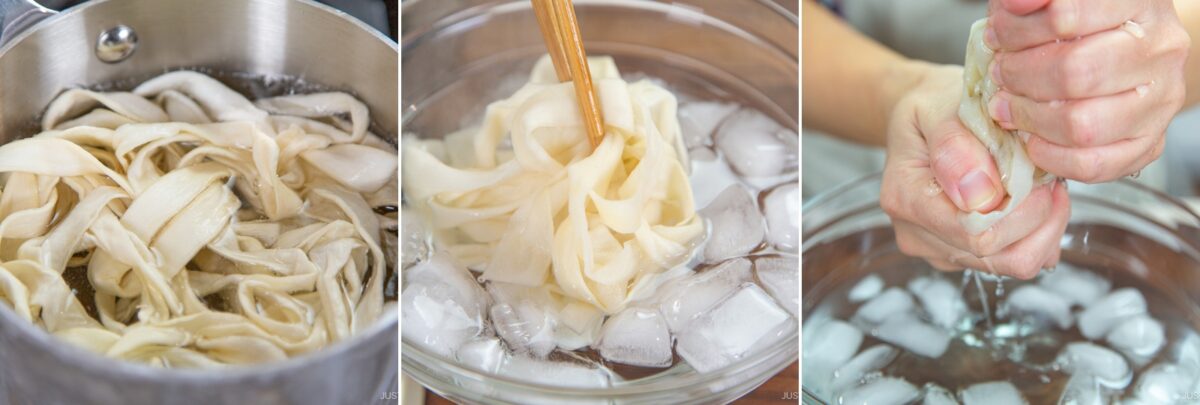 Three images: wide noodles boiling in a pot, noodles being stirred in a bowl of ice water, and hands squeezing water from noodles—steps perfect for prepping fresh toppings for chirashi sushi.