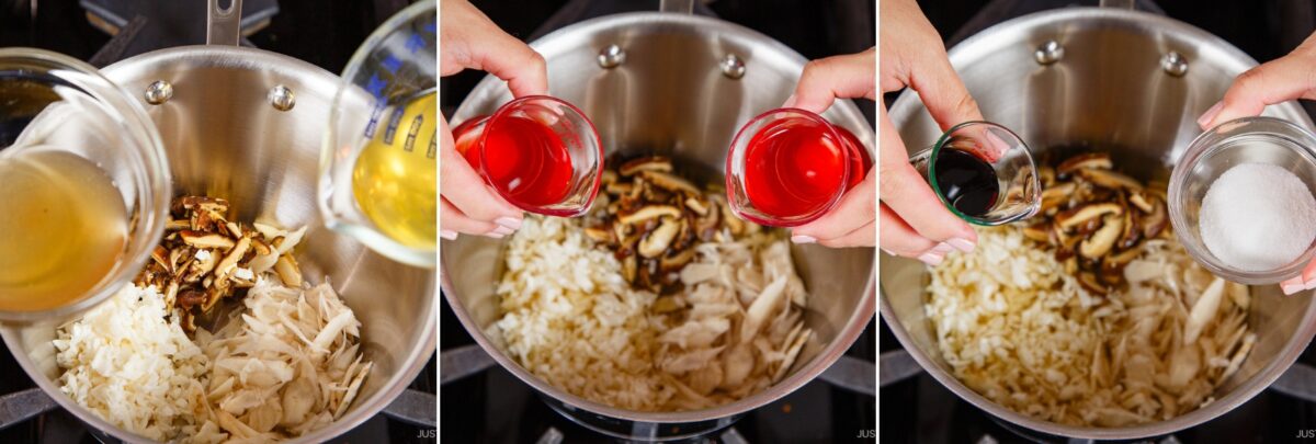 A collage of three images shows hands adding broth, red liquid, and seasonings to a pot filled with chopped mushrooms, cabbage, and chicken on a stovetop—capturing the vibrant layering reminiscent of chirashi sushi.