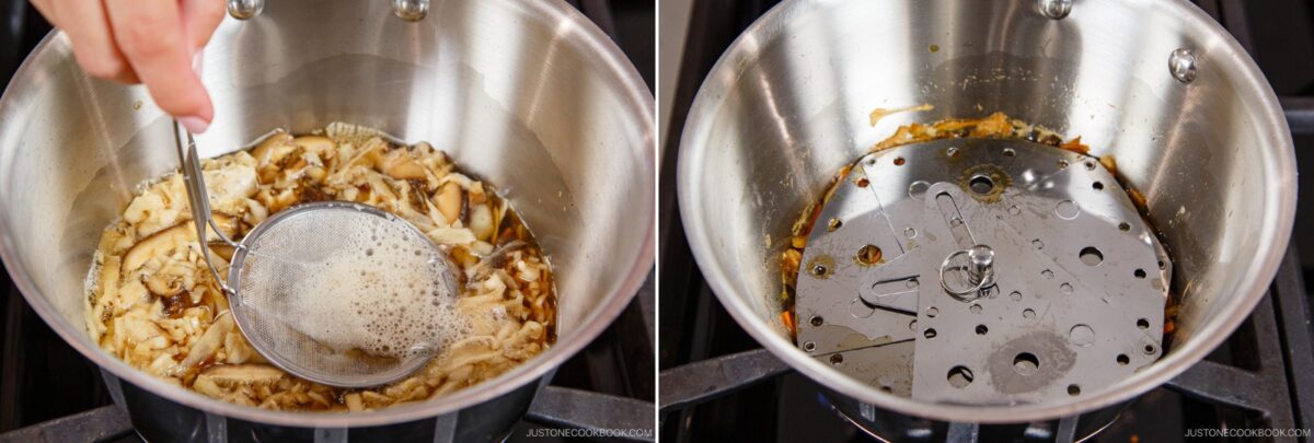 Two images side by side: on the left, a hand uses a fine-mesh strainer to remove mushrooms from a pot of broth for chirashi sushi; on the right, only broth and a metal steamer insert remain in the pot.